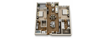 A 3D floor plan of a house showing a living room, two bedrooms, a kitchen, a dining room, and bathrooms.