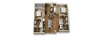 A 3D floor plan of a house with a living room, dining room, kitchen, and bathrooms.
