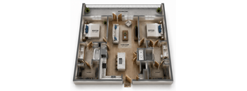 A 3D layout of a house showing the arrangement of rooms.