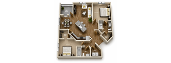 A floor plan of a house with two bedrooms, a living room, a kitchen, a dining room, a patio/balcony, a walk-in closet, a utility room, and a bathroom.
