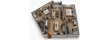 A 3D floor plan of a house with labeled rooms.