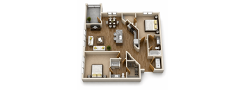 A top-down view of a house layout with a living room, kitchen, and bathrooms.