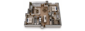 A 3D floor plan of a house with a living room, dining room, kitchen, and multiple bedrooms.