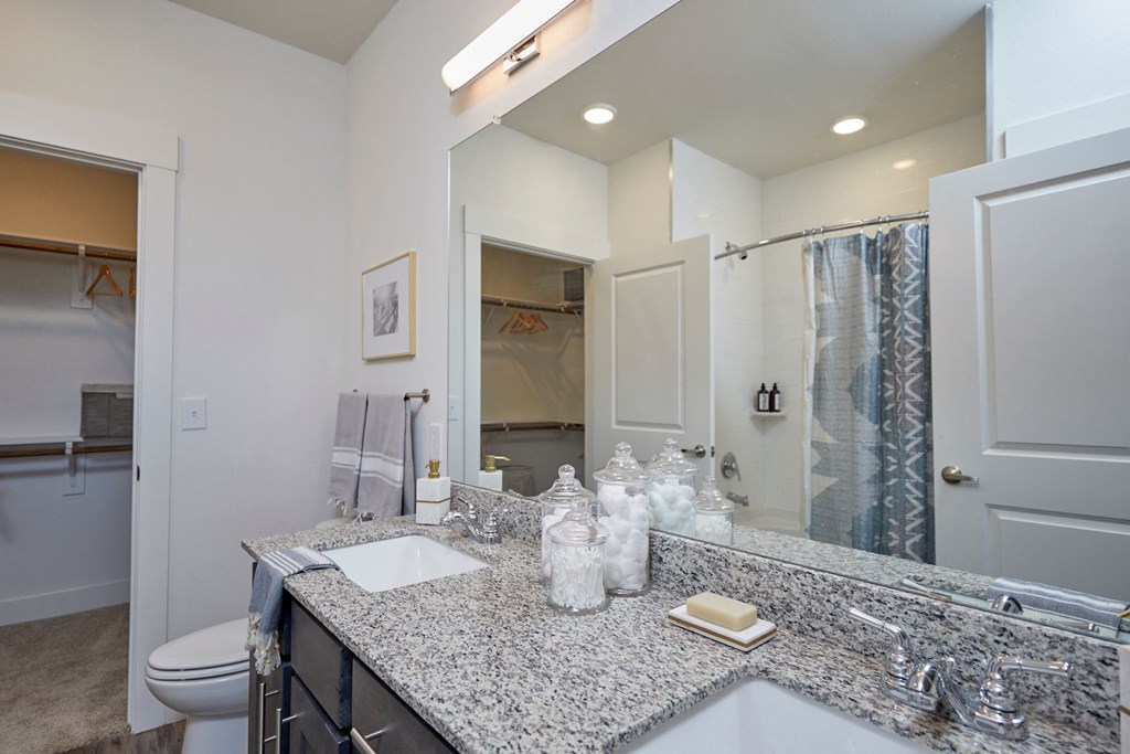 Bathroom with Granite Counters at Addison Medical Center Apartments, Texas, 78229