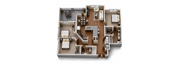 A top-down view of a house layout with a living room, dining room, kitchen, and multiple bedrooms.