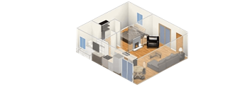 a floor plan of a room with a fireplace and a couch