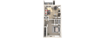 A floor plan of a small apartment with a kitchen, living room, and bathroom.