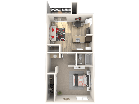 A 3D rendered image of a small apartment layout.