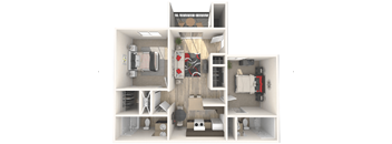 A 3D floor plan of a small apartment with a kitchen, living room, and bedroom.