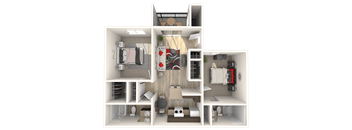 A 3D floor plan of a small apartment with a kitchen, living room, and bedroom.
