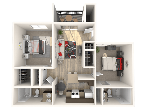 A 3D floor plan of a small apartment with a kitchen, living room, and bedroom.