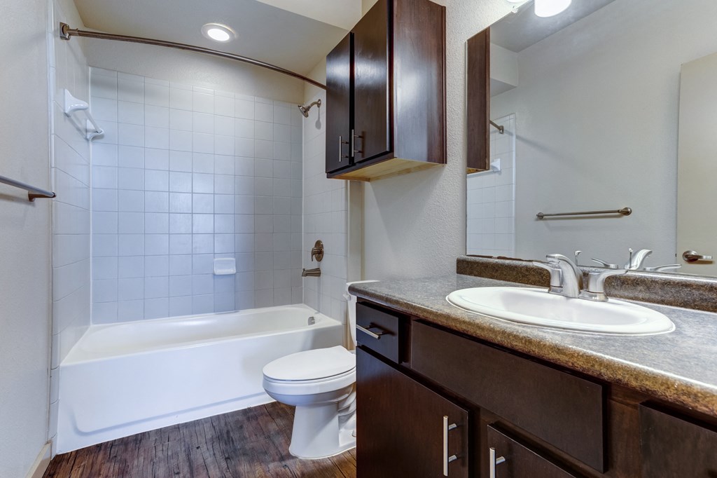 Bathroom with sink, toilet, bath tub, and wooden cabinets