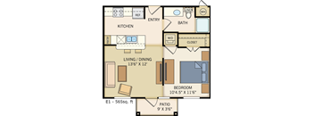 Cozy Studio with One Bathroom & Private Patio. 565 Square Feet