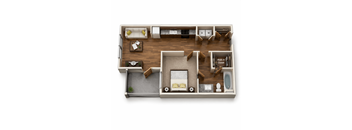 A 3D floor plan of a small apartment with a living room, kitchen, and bathroom.