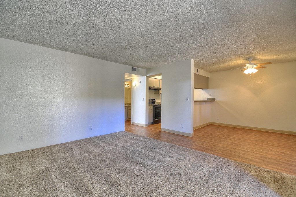 spacious living room and open dining area and kitchen