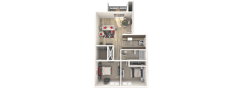 A drawing of a house with a kitchen, living room, and bathroom.