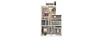 A 3D floor plan of a house with a kitchen, living room, and bathroom.