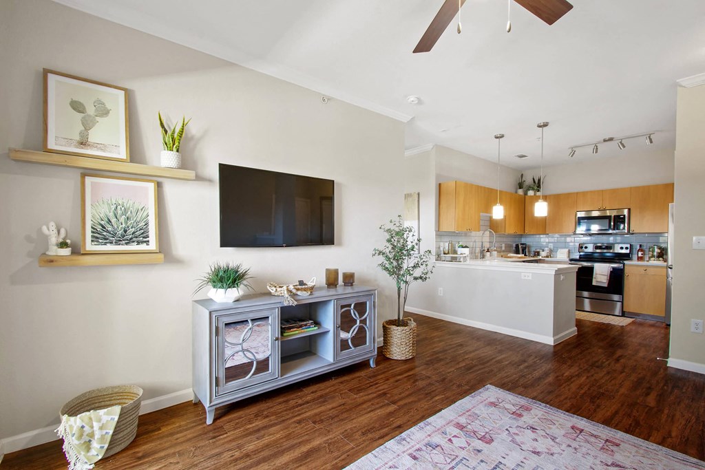 Model - Open Floor Plan from Kitchen to Living Room at Mission Hills Apartments, San Antonio, TX