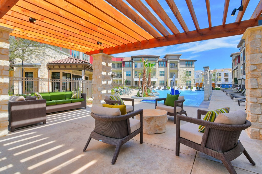 Outdoor Shaded Patio Overlooking Pool Area