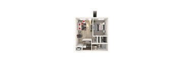 A 3D floor plan of a small apartment with a kitchen, living room, and bathroom.