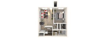 A 3D floor plan of a small apartment with a kitchen, living room, and bathroom.