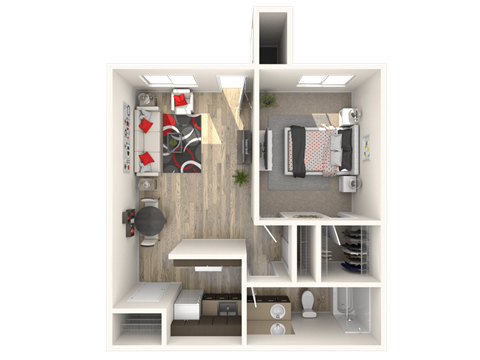 A 3D floor plan of a small apartment with a kitchen, living room, and bathroom.