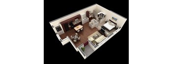 1 bed 1 bath floor plan B at Overlook at Stone Oak Park Apartments, San Antonio, Texas