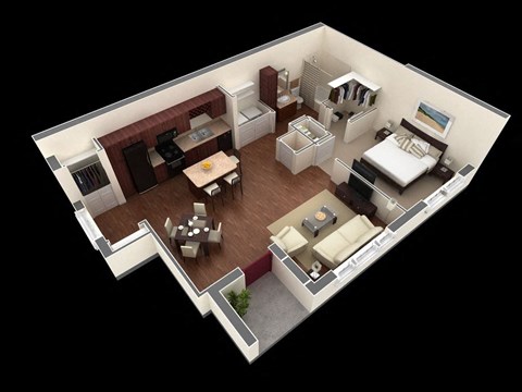 1 bed 1 bath floor plan B at Overlook at Stone Oak Park Apartments, San Antonio, Texas