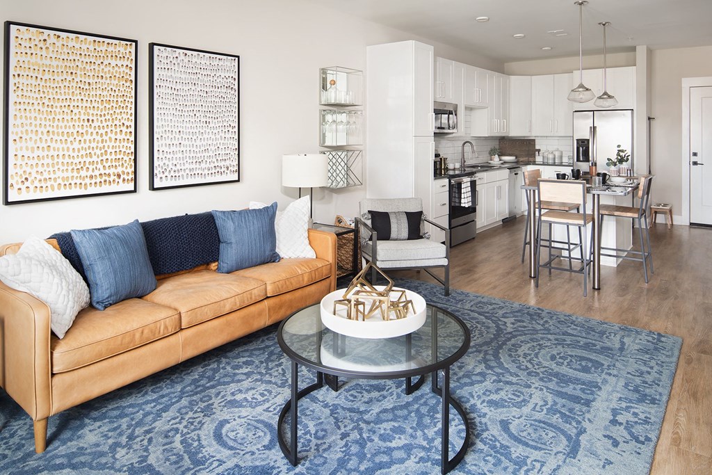 a living room with a couch and a table