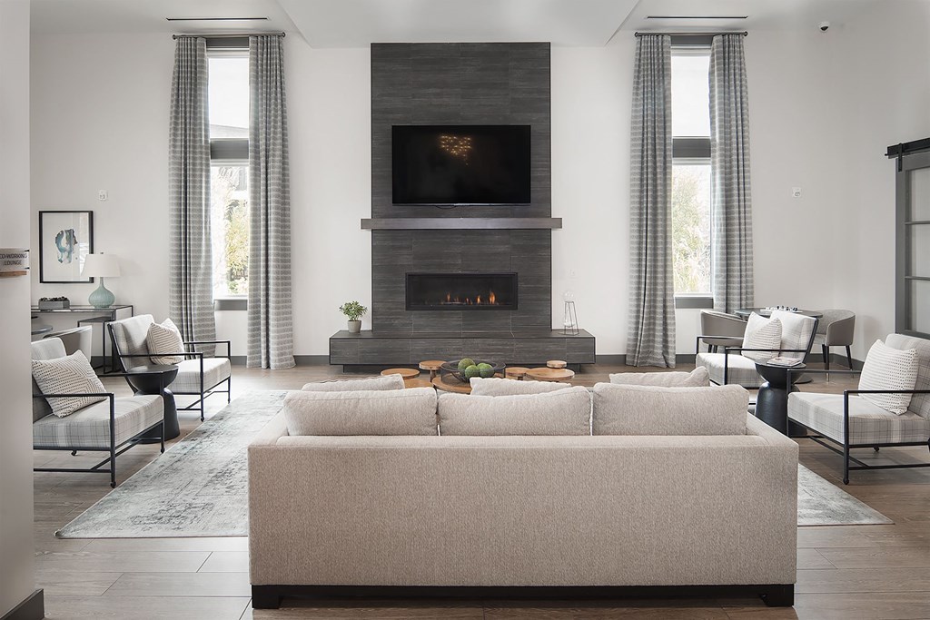 clubhouse with a couch and a fireplace