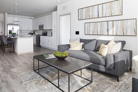 A modern living room with a grey couch and a glass coffee table.
