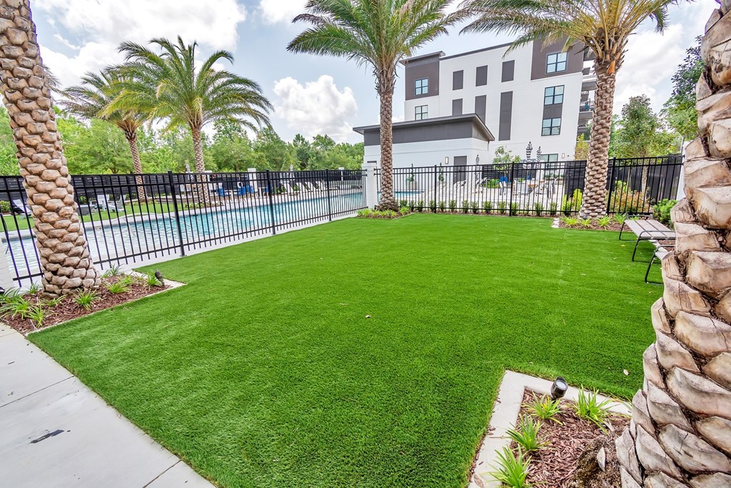 A well-manicured lawn with a pool and palm trees in the background.