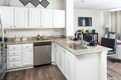 A kitchen with white cabinets and a black dishwasher.