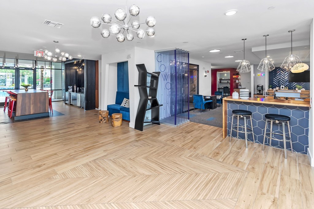 a view of the lobby and fitness center from the back of the building