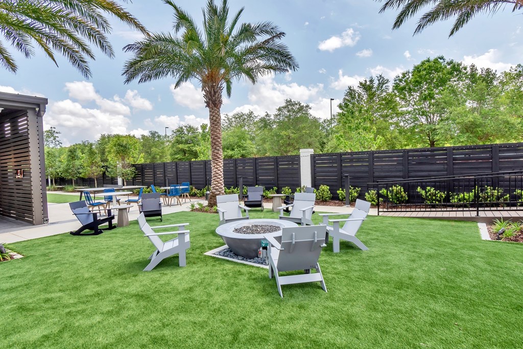 An outdoor fire pit and chairs.