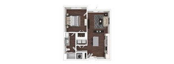 Furnished Tansy floor plan layout showing a one-bedroom, one-bathroom space with 735 square feet