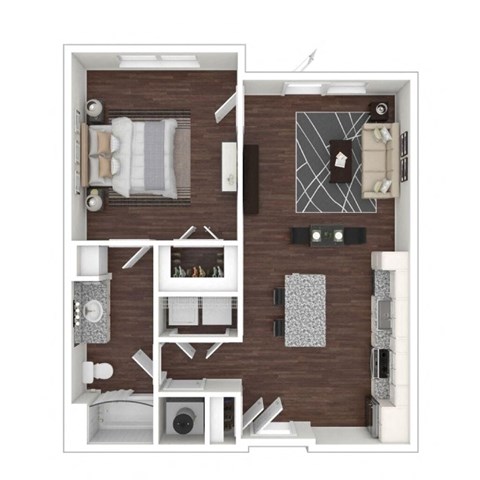 Furnished Tansy floor plan layout showing a one-bedroom, one-bathroom space with 735 square feet
