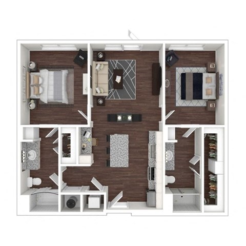 Furnished Azalea floor plan layout showing a two-bedroom, two-bathroom space with 1,078 square feet