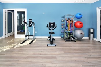 Fitness room with equipment, weighted exercise balls, trash bin, and double doors - Photo Gallery 26