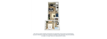 The azure 1-bed, 1-bath floor plan layout at our apartments in Orlando, FL