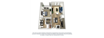The celadon 1-bed, 1-bath floor plan layout at Coda Orlando