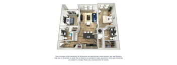 The crimson 2-bed, 2-bath floor plan layout at Coda Orlando
