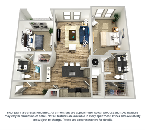 The crimson 2-bed, 2-bath floor plan layout at Coda Orlando