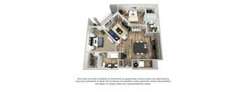 The cyan 2-bed, 2-bath floor plan layout at Coda Orlando