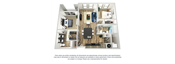 The indigo 2-bed, 2-bath floor plan layout 