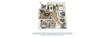The saffron 2-bed, 2-bath floor plan layout at our Orlando apartment rentals