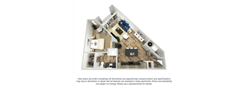 The tawney 1-bed, 1-bath floor plan layout 