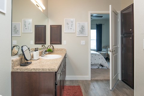 a bathroom with a sink and a mirror and a door to a bedroom