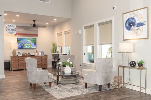 a clubhouse with two chairs and a table