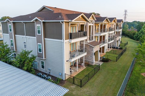 an aerial view of an apartment building with balconies